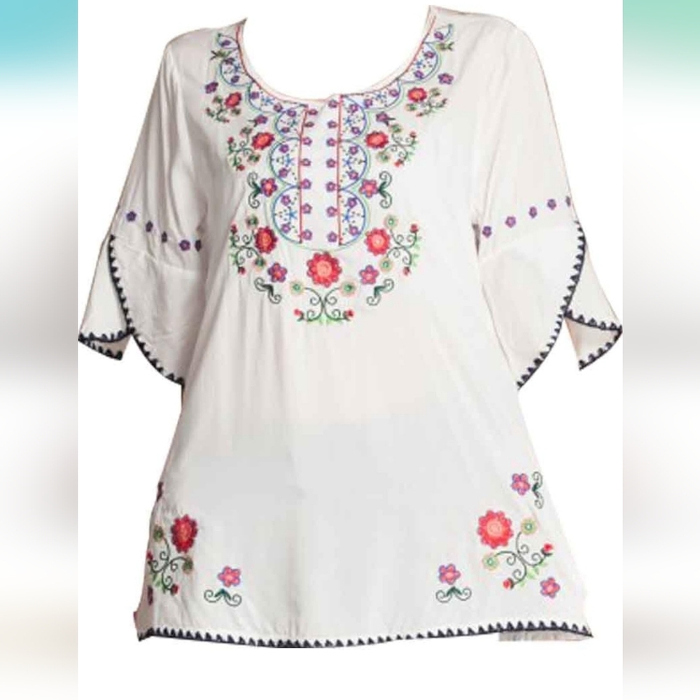 Ashir Aley Womens Embroidered Floral White Blouse, Size XL